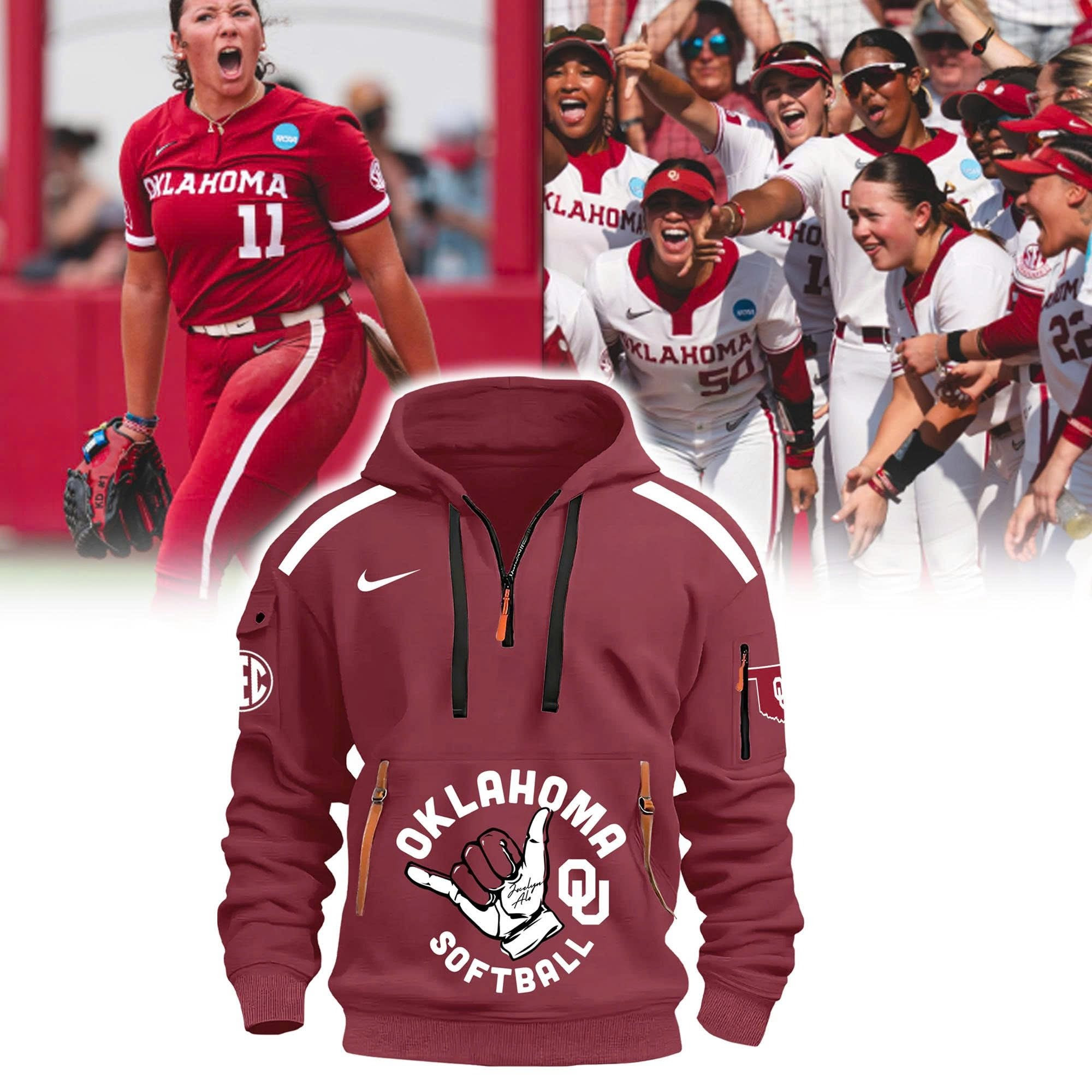 Oklahoma SoftBall QU Collection Quarter Zip Hoodie Oklahoma Sooners Merch Clothing-1