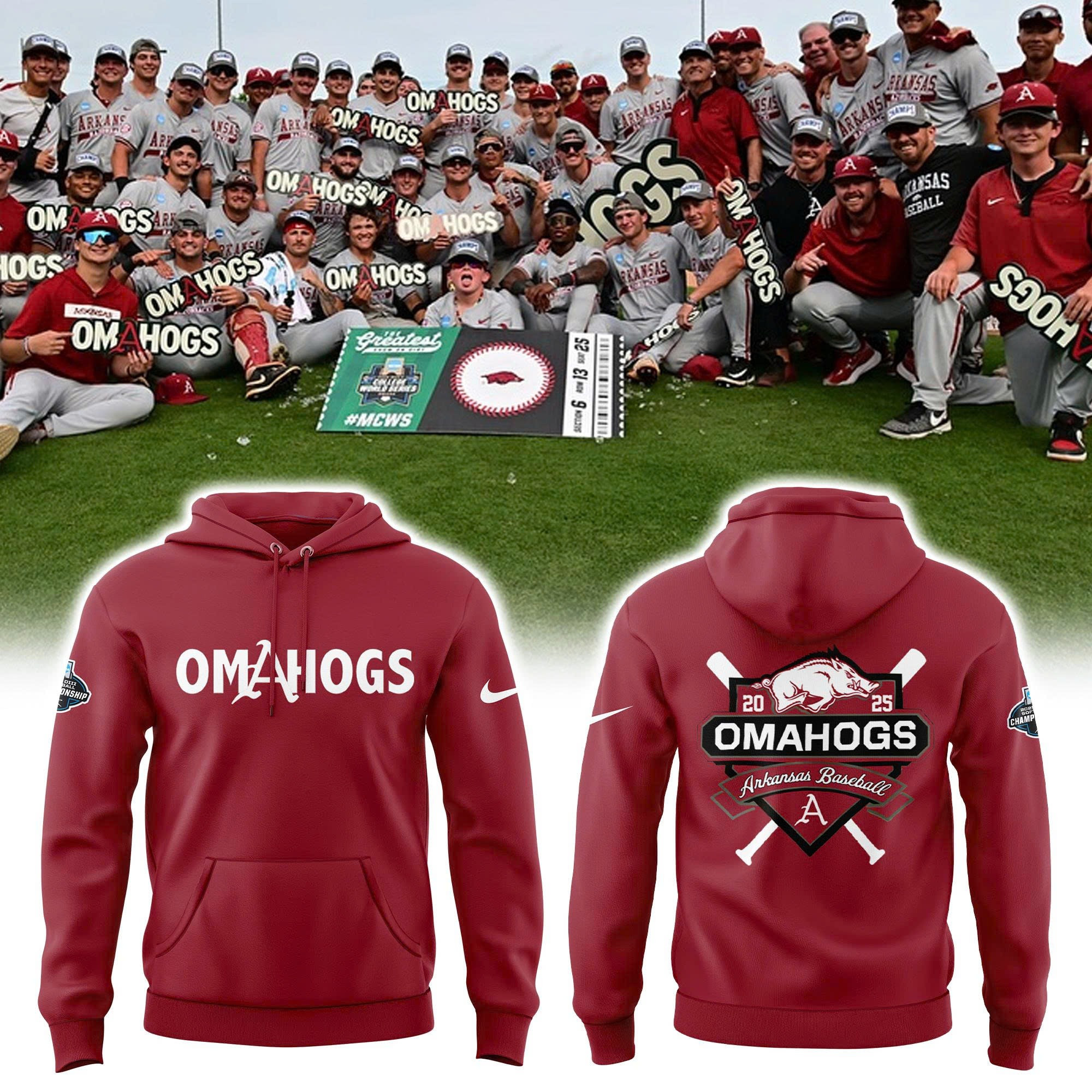 Omahogs 2025 Merch Arkansas Razorback Hoodie Baseball Razorback Fan Gear Clothing-1