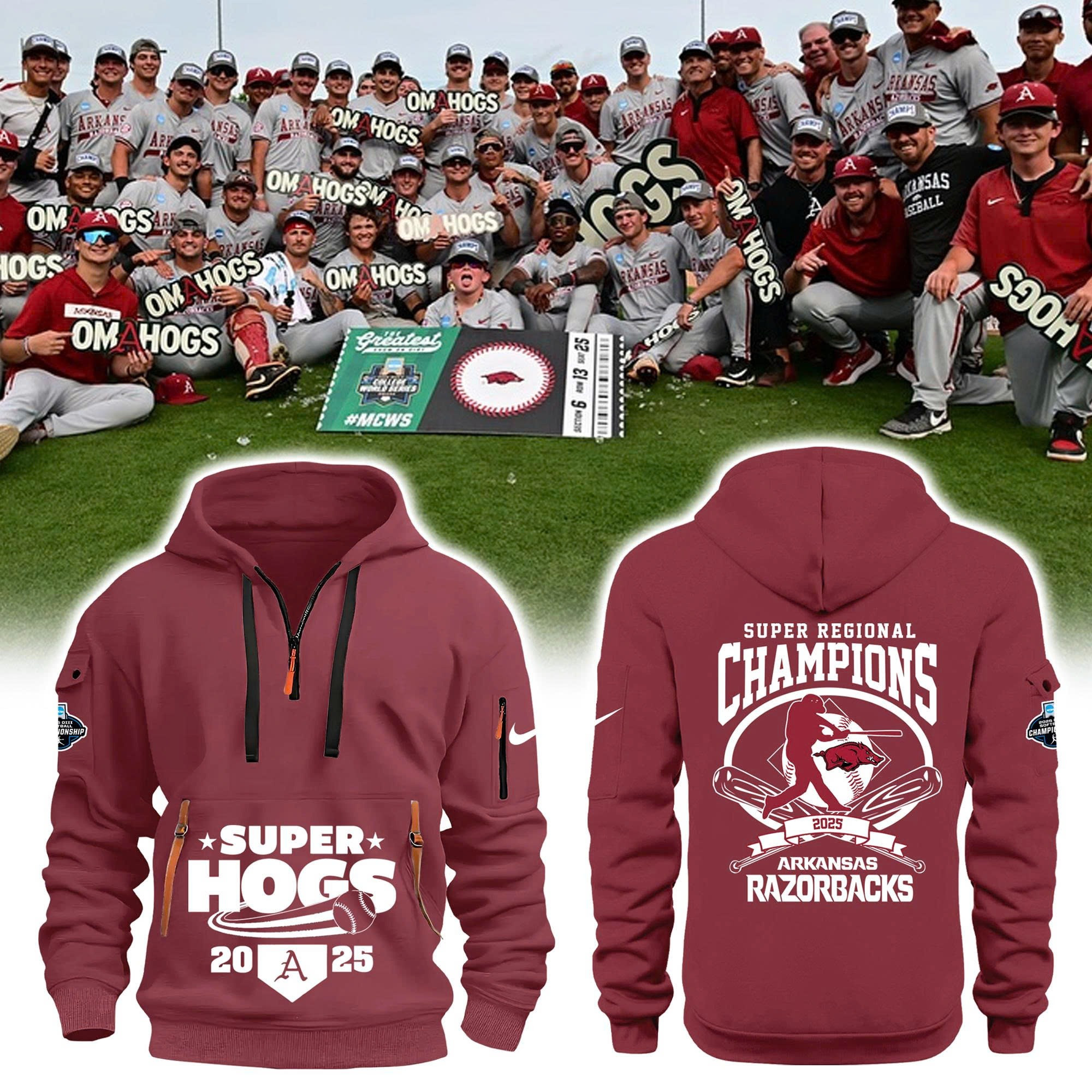 Omahogs 2025 Merch Arkansas Razorback Quarter Zip Hoodie Super Hogs Baseball Fan Gifts-1 Omahogs 2025 Merch Arkansas Razorback Quarter Zip Hoodie Super Hogs Baseball Fan Gifts-1