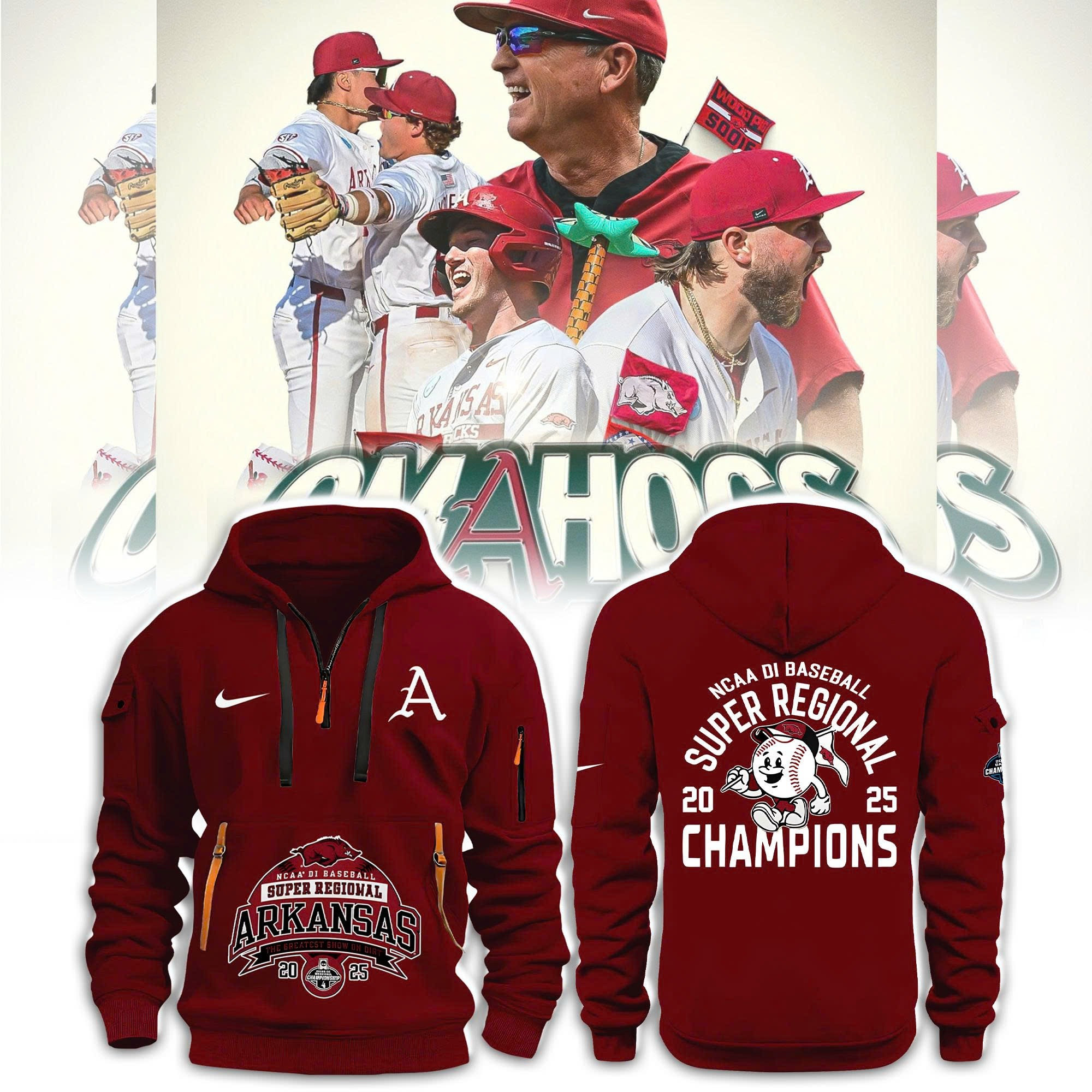 Omahogs 2025 Merch Arkansas Razorback Quarter Zip Hoodie Super Regional Champions-1