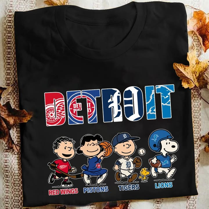 Peanuts Snoopy Detroit City Sports Teams T-Shirt Red Wings Pistons Tigers Lions Fan Gifts-1