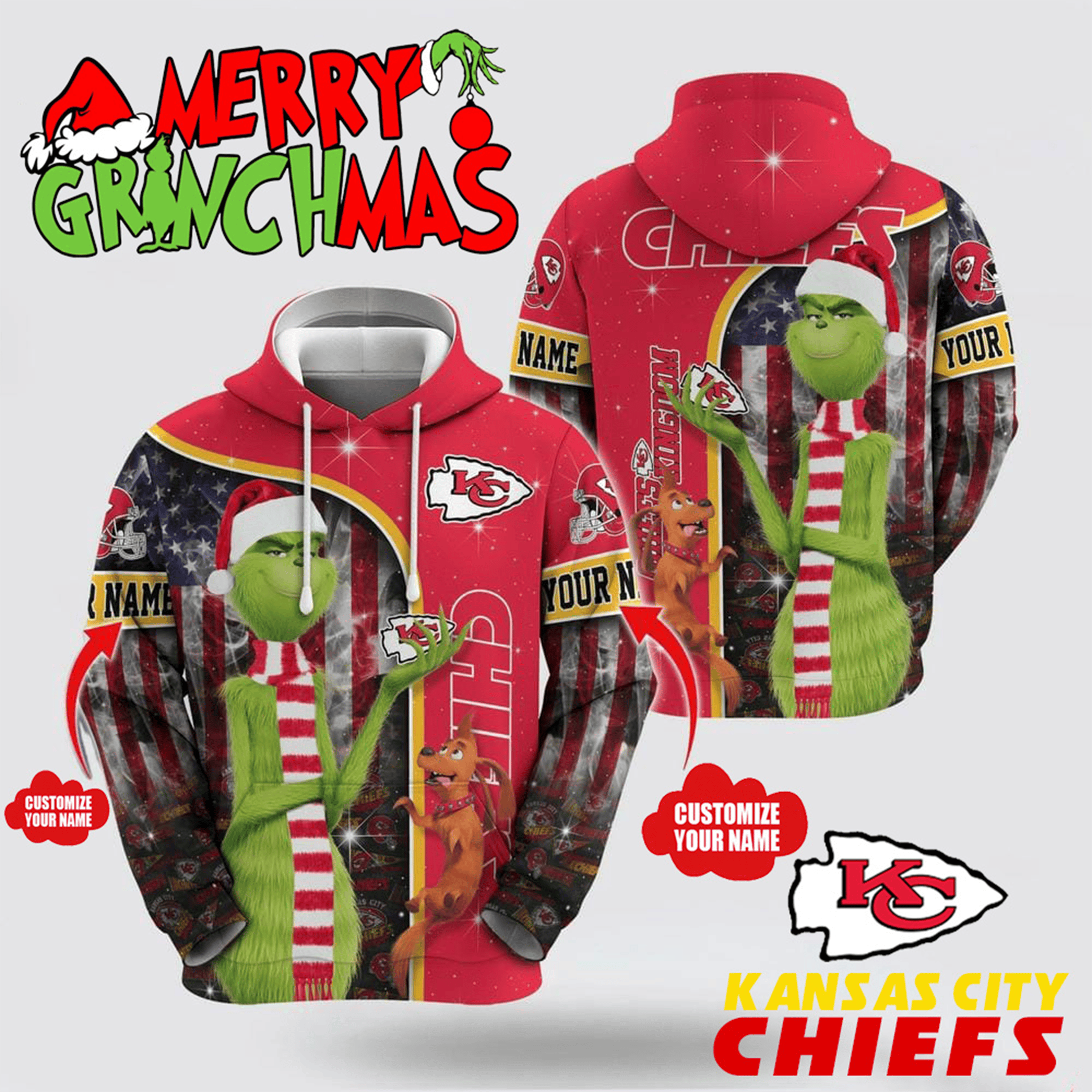 Personalized Kansas City Chiefs The Grinch Hoodie KC Chiefs Merch Xmas Gifts for Football Lover-1