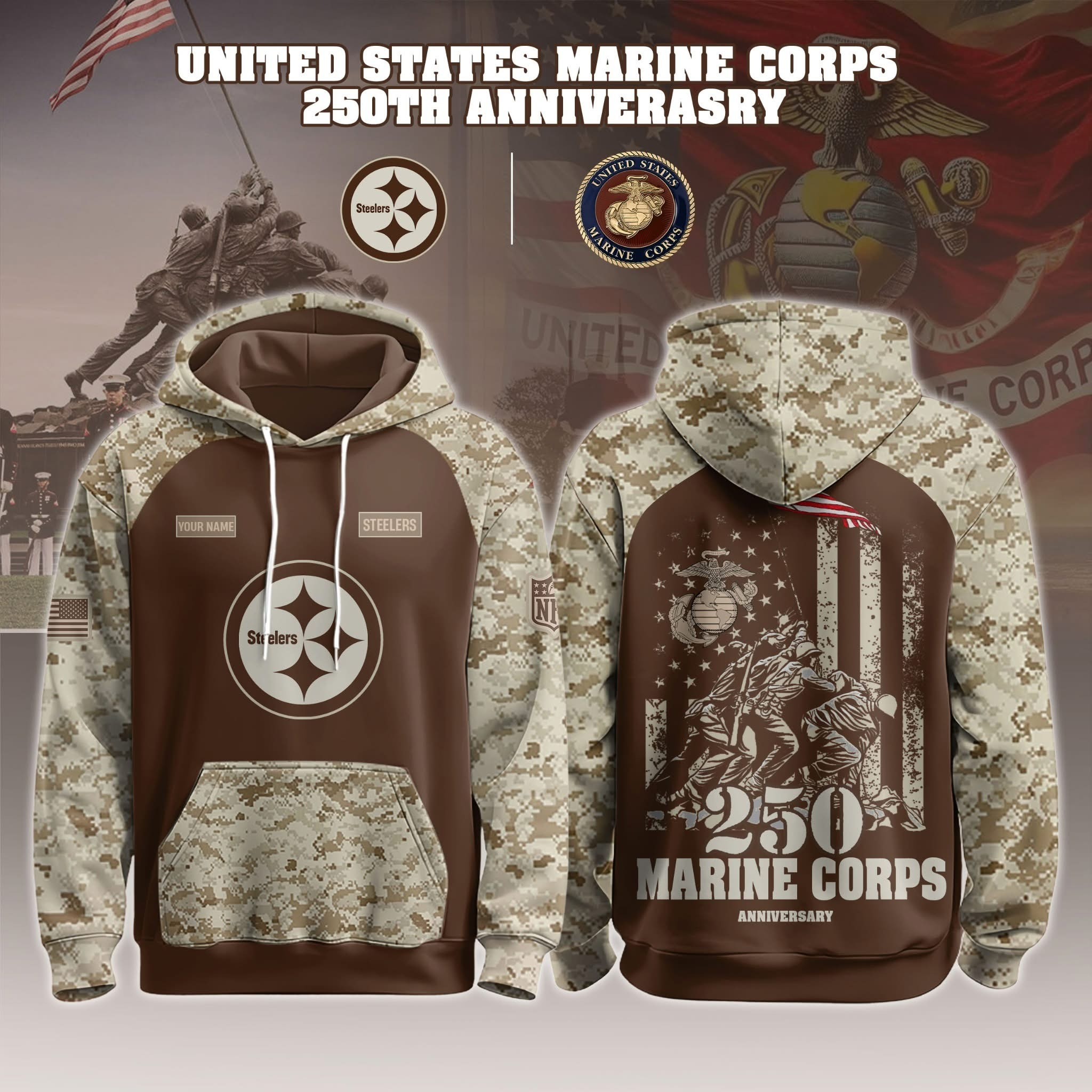 Personalized Pittsburgh Steelers x U.S Marine Corps 250Th Anniversary Camo Hoodie Fan Merch-1