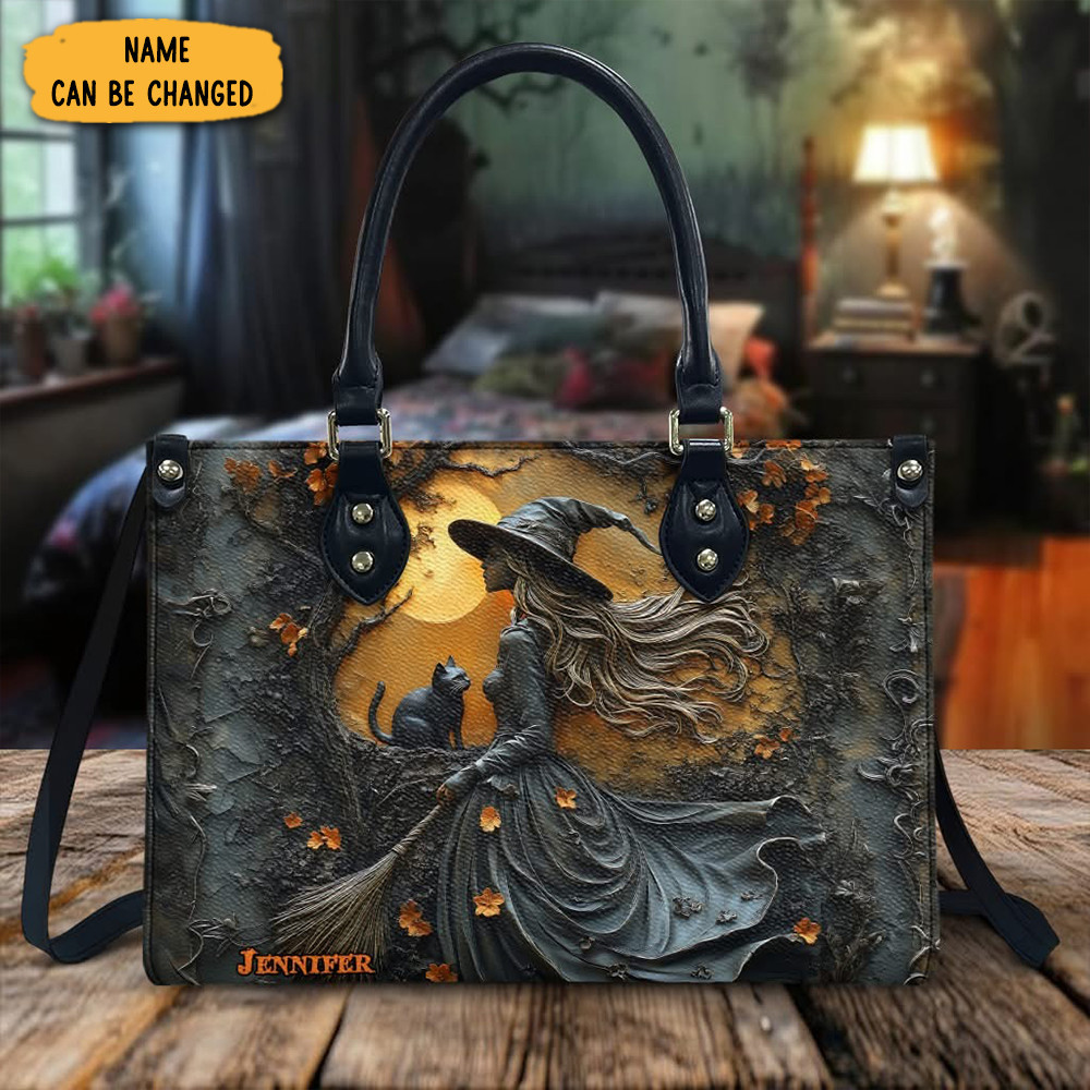 Personalized Witch And Black Cat Halloween Leather Handbag Witchy Birthday Gifts-1