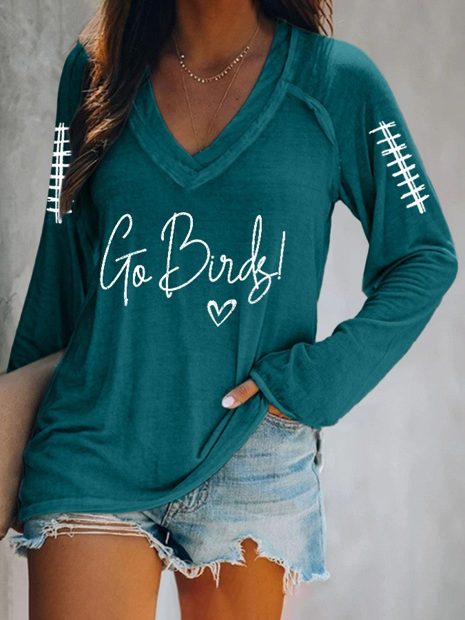 Philadelphia Eagles Go Bird V-Neck Long Sleeve V-Neck T-Shirt Women's Eagles Gifts For Her-1