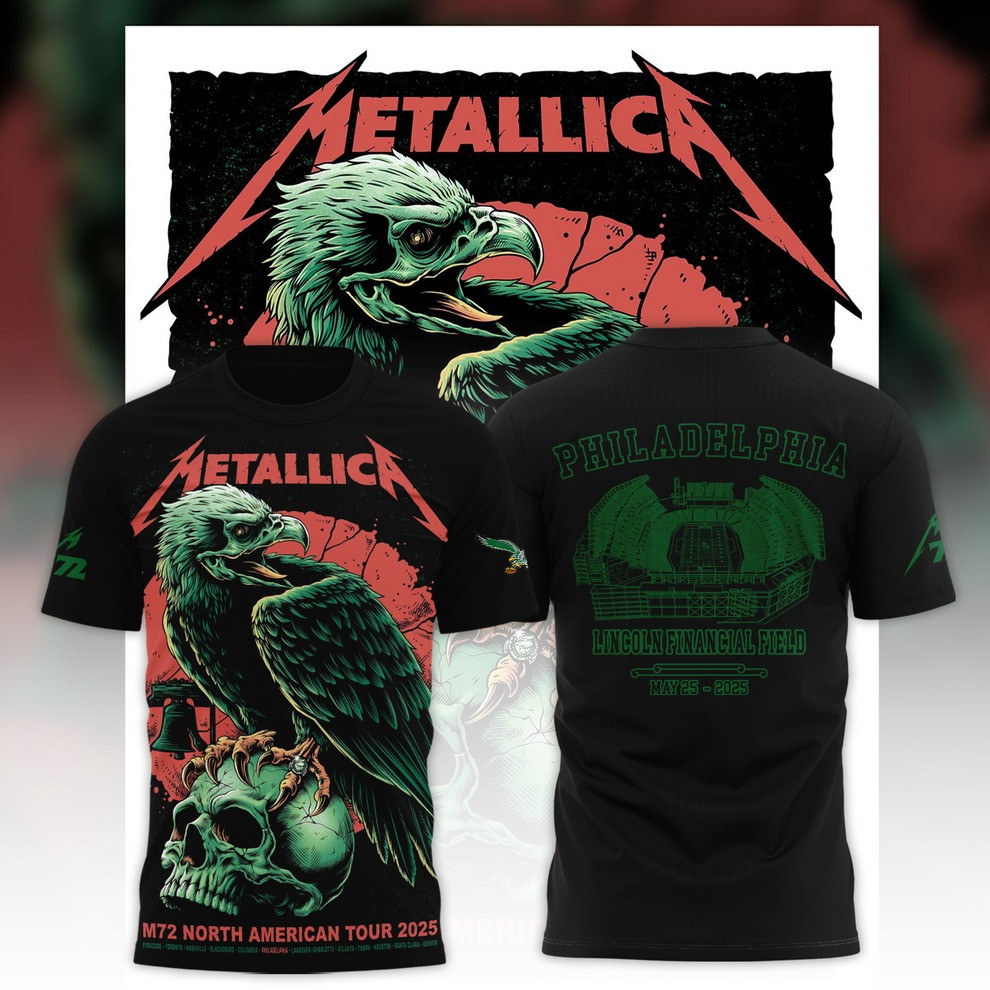 Philadelphia Eagles Metallica M72 World Tour 2025 Merch T-Shirt Raven Skull Fan Gear Gifts-1