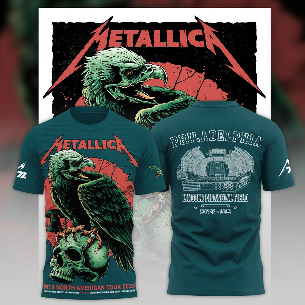 Philadelphia Eagles Metallica M72 World Tour 2025 Merch T-Shirt Raven Skull Fan Gift Ideas-1