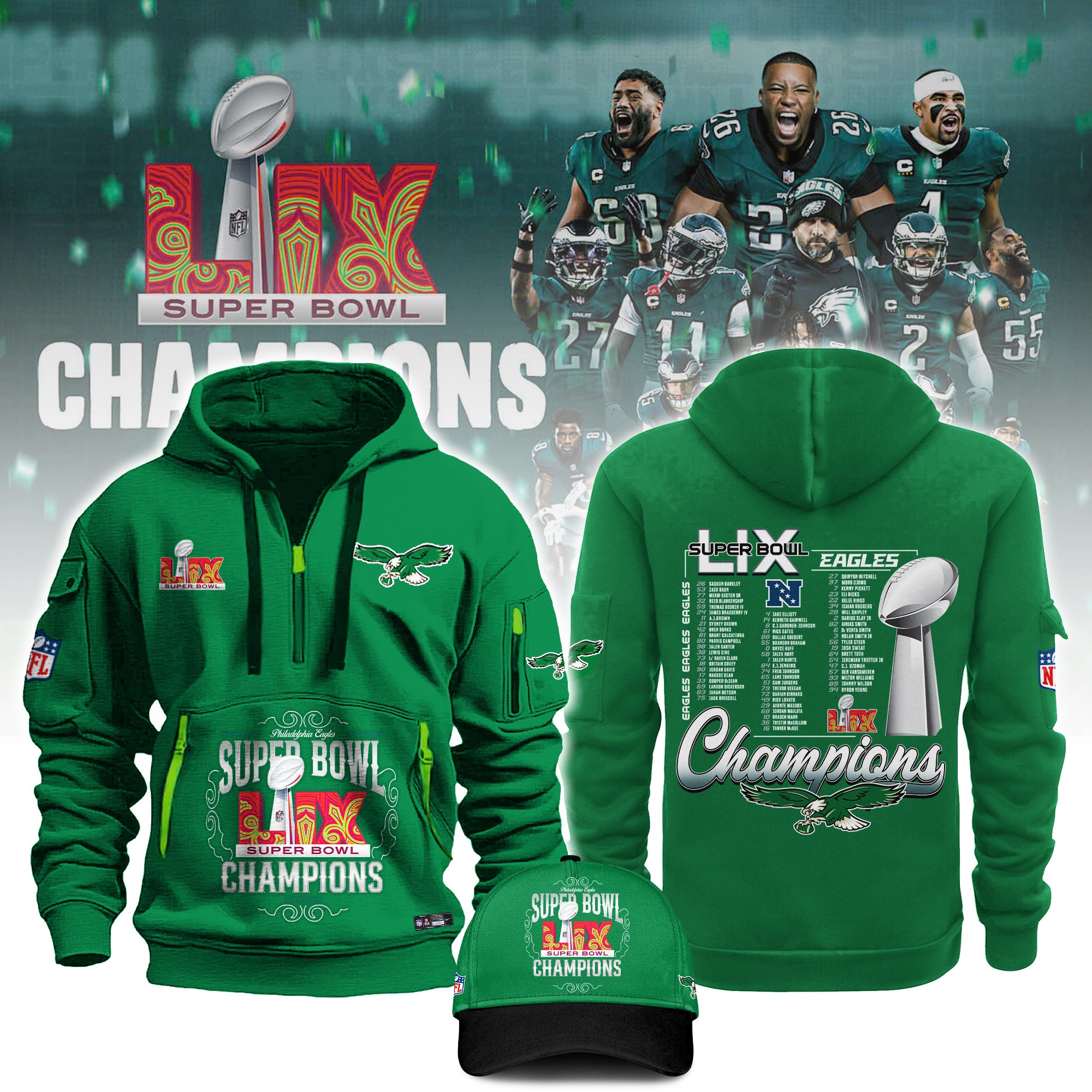 Philadelphia Eagles Super Bowl Champions Quarter Zip Hoodie Hat NFL Football Fans Merch Hat-1