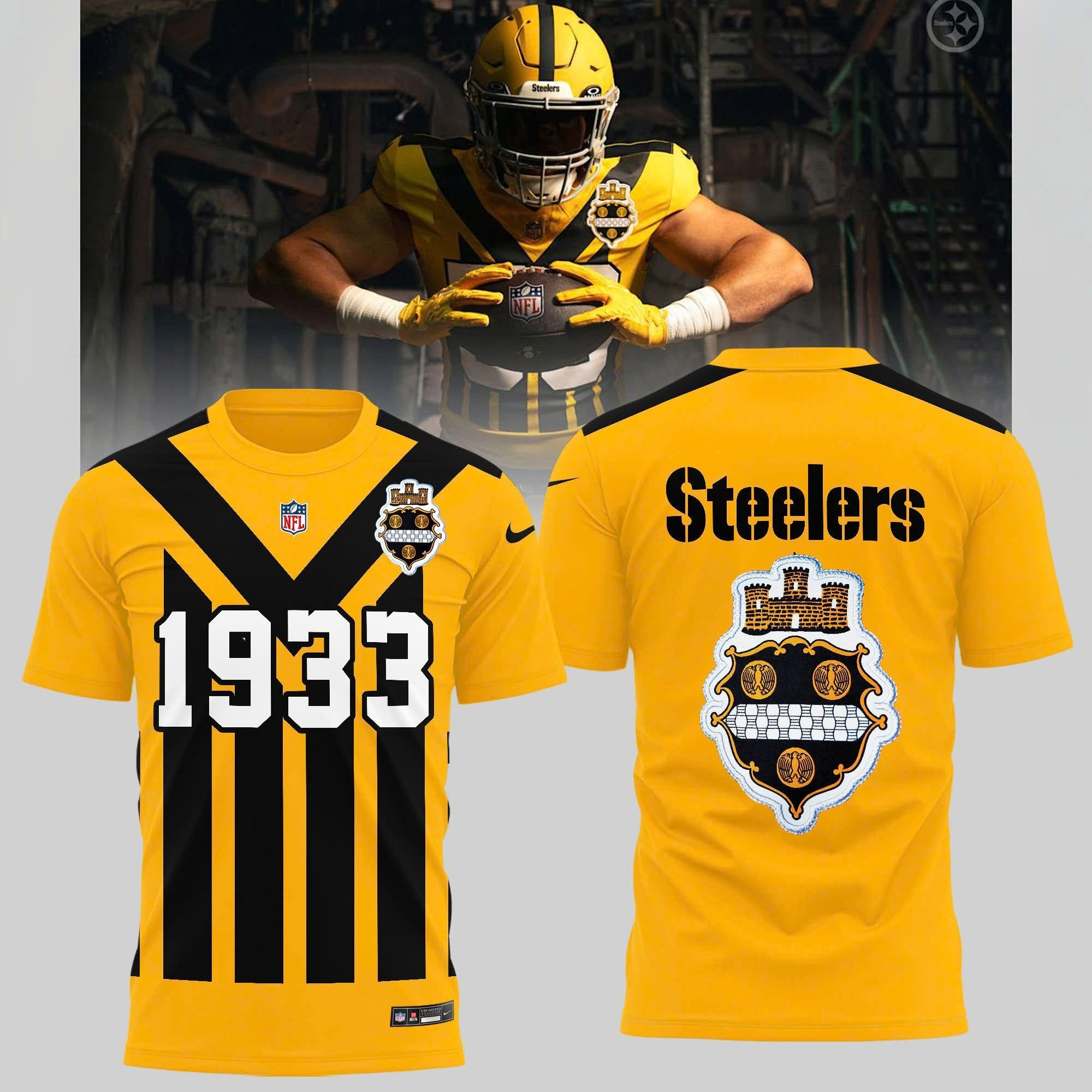 Pittsburgh Steelers 1993 T-Shirt Yellow New Uniforms NFL Merch Gifts For Football Fans-1