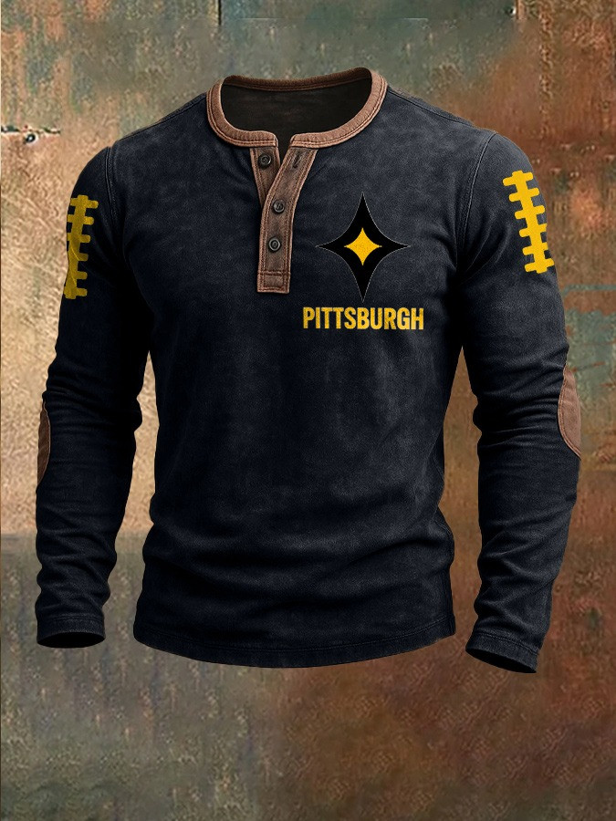 Pittsburgh Steelers Button Long Sleeve Henley Shirt Men's Football Steelers Fan Merch Gifts-1