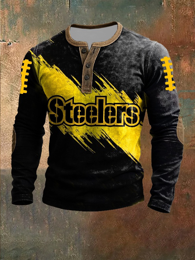 Pittsburgh Steelers Button Long Sleeve Henley Shirt Men's Game Day Merch Steelers Fan Gifts-1