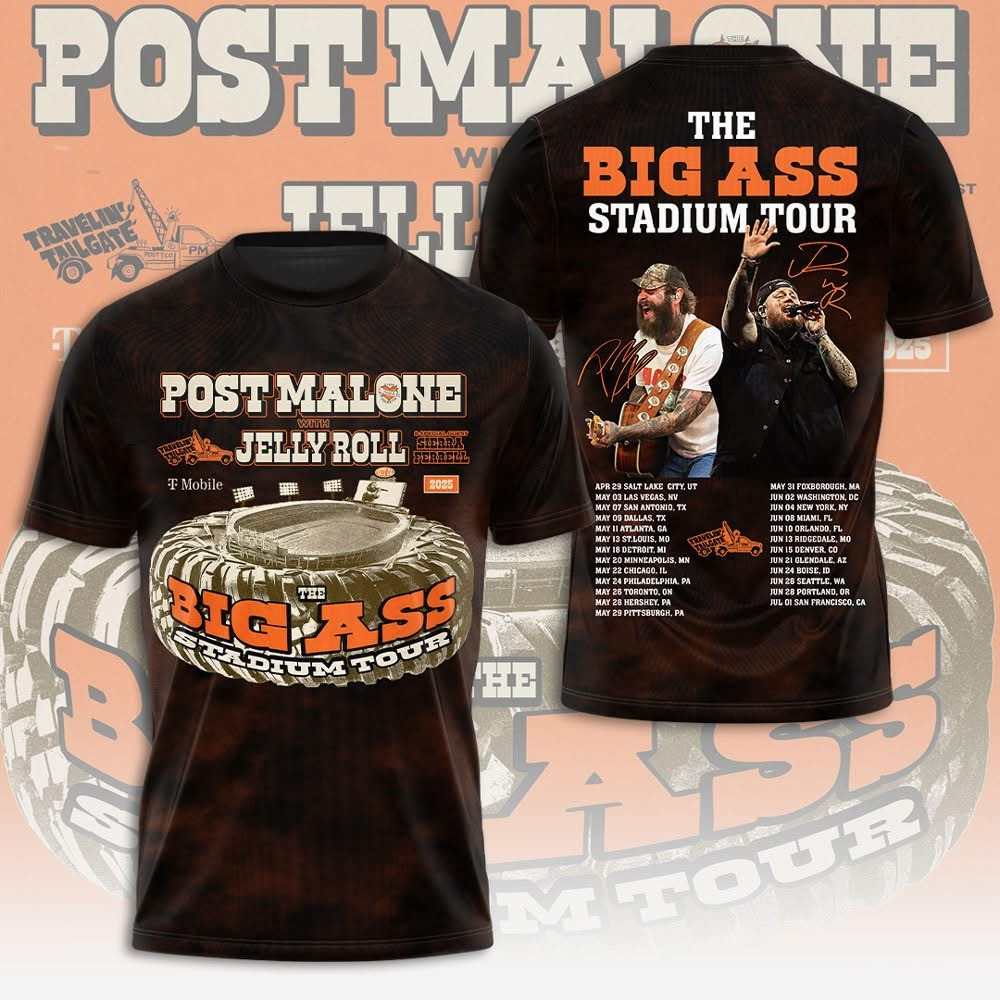 Post Malone Jelly Roll Big Ass Stadium Tour Dates Merch T-Shirt 2025 Concert Fan Clothing-1