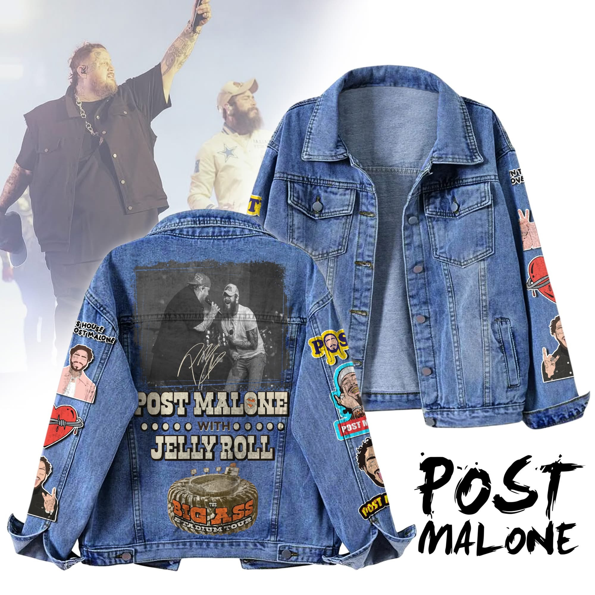 Post Malone Jelly Roll Big Ass Stadium Tour Merch Denim Jean Jacket 2025 Concert Fan Gifts-1