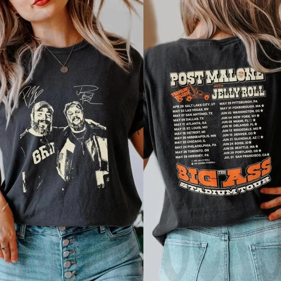 Post Malone Jelly Roll Big Ass Stadium Tour Merch Tee Shirt 2025 Concert Fan Gifts For Her-1