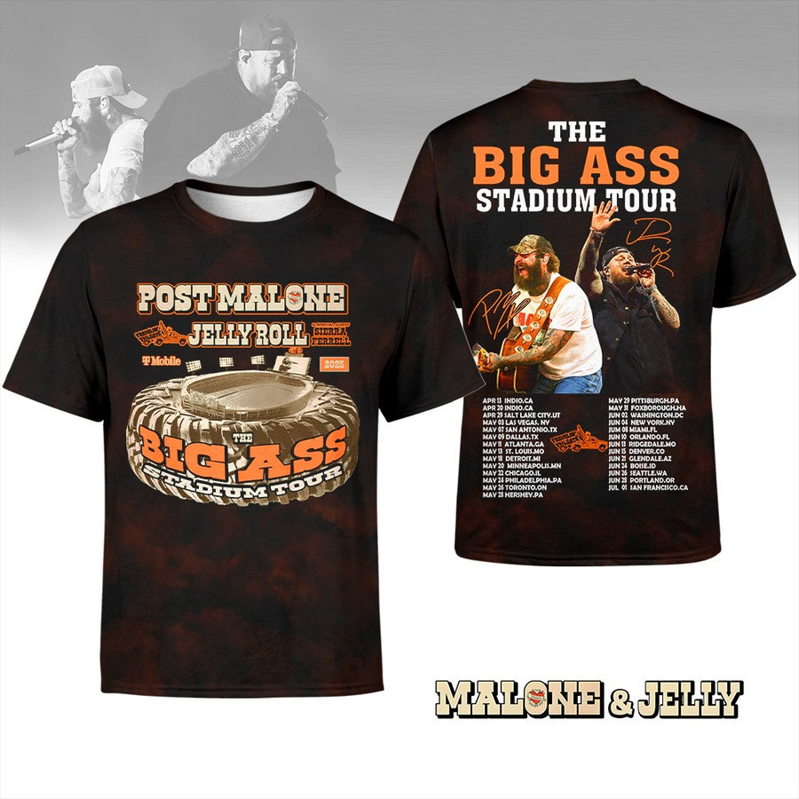 Post Malone With Jelly Roll Big Ass Stadium Tour Merch T-Shirt 2025 Great Gifts For Fans-1