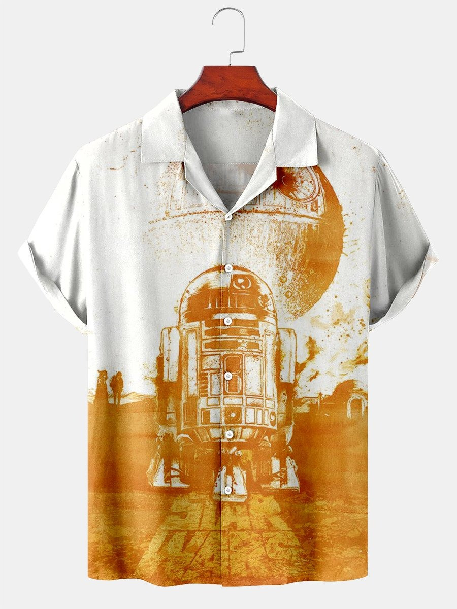 R2-D2 Star Wars Hawaiian Shirt Men's Retro Planet Cuban Collar Short Sleeve Shirt-1