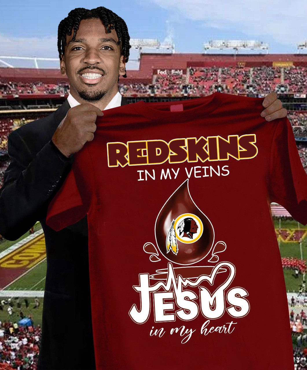 Redskins In My Veins Jesus In My Heart Shirt Washington Commanders Football Fans Gifts-1