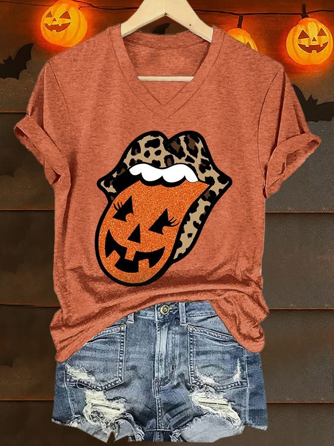 Rolling Stones Halloween Tongue Fall Leopard Pumpkin V-Neck T-Shirt Women's Gifts For Her-1
