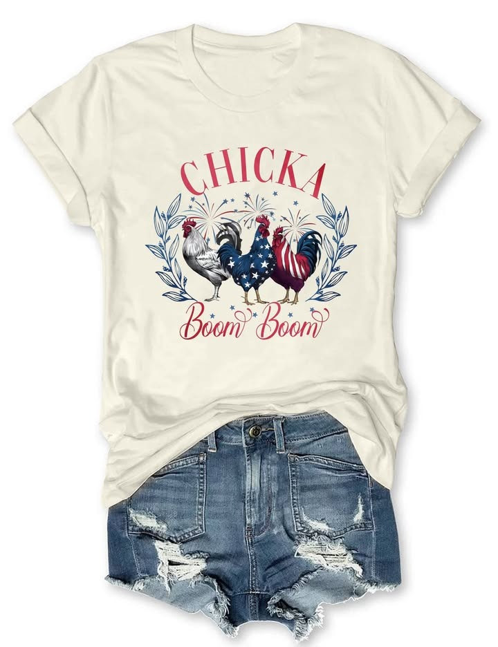 Roosters Chickens Chicka Boom Boom T-Shirt Funny 4th Of July Shirt Women's Apparel-1