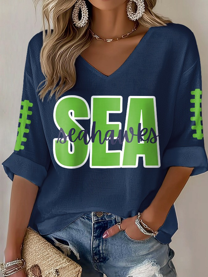 Seattle Seahawks Long Sleeve V-Neck Shirt Women's Gameday Gifts For Seahawks Fans For Her-1