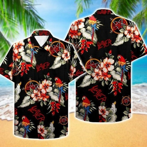 Slayer Hawaiian Shirt Hibiscus Tropical Parrot Aloha Shirt Slayer Band Merch Best Fan Gifts-1