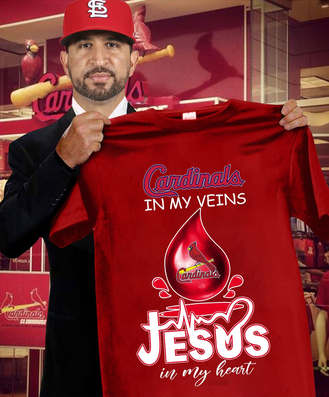 St. Louis Cardinals In My Veins Jesus In My Heart T-Shirt Faith Gifts For Baseball Fans-1