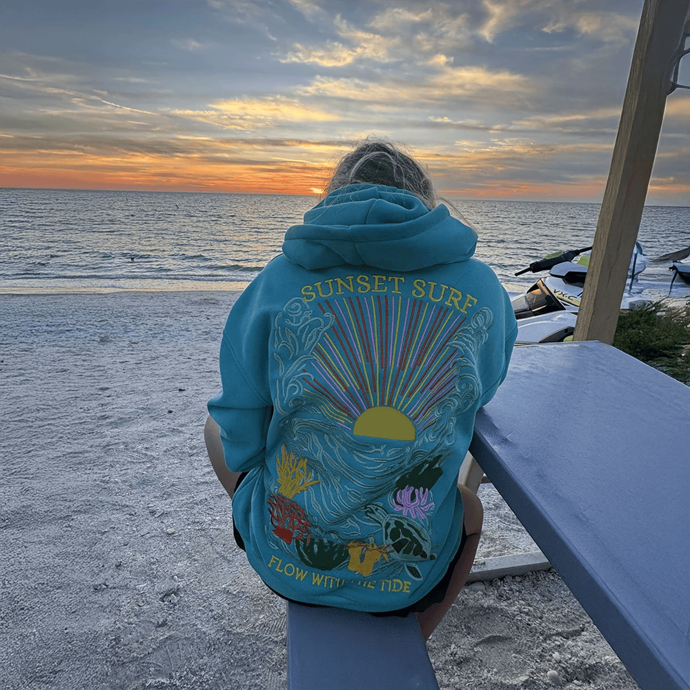 Sunset Surf Hoodie Printed Sunset Surf Flow With The Tide Hoodie Sunset Surf Merch Under The Sea-1