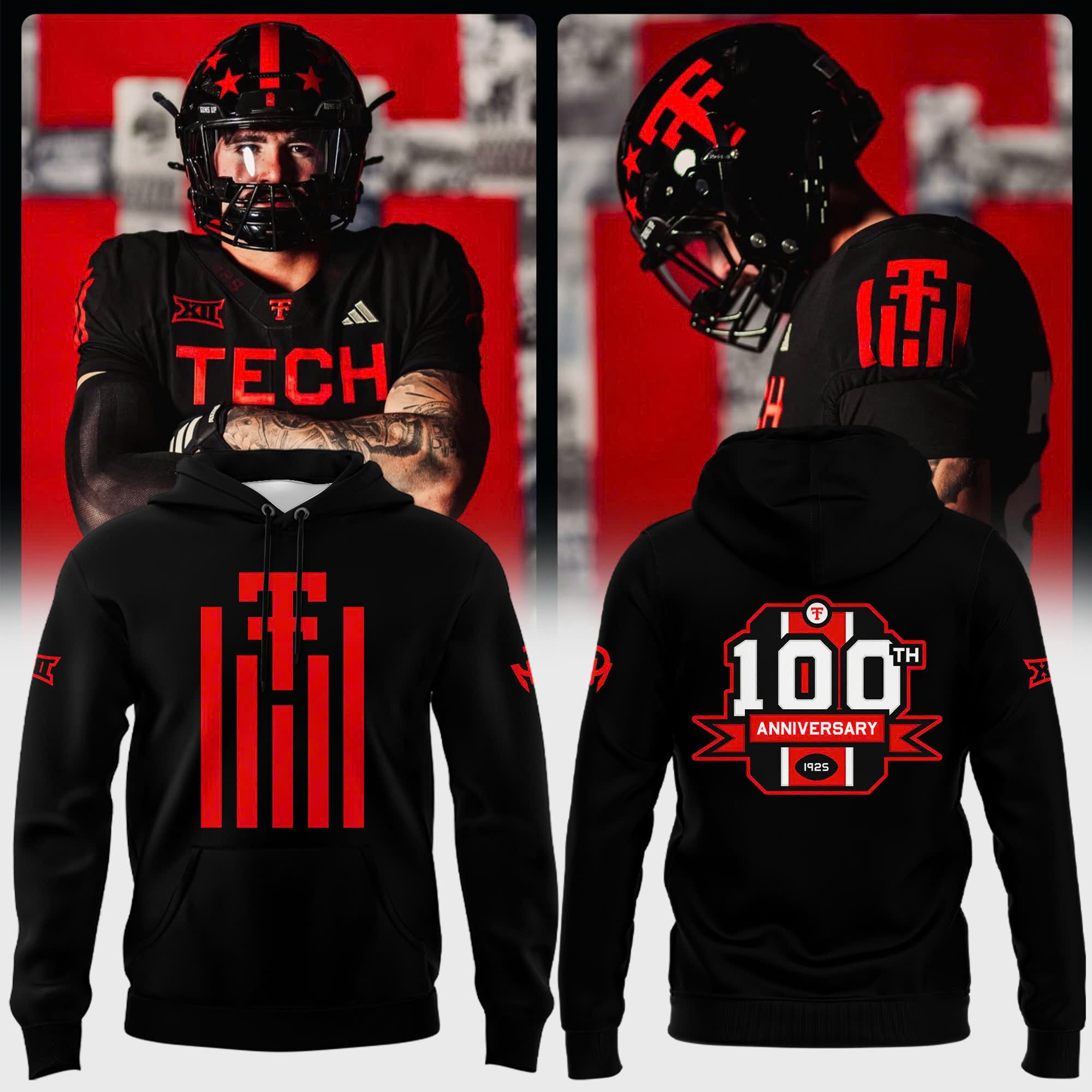 Texas Tech Red Raiders 100Th Anniversary 2025 Hoodie Black Uniforms Football Fan Merch-1