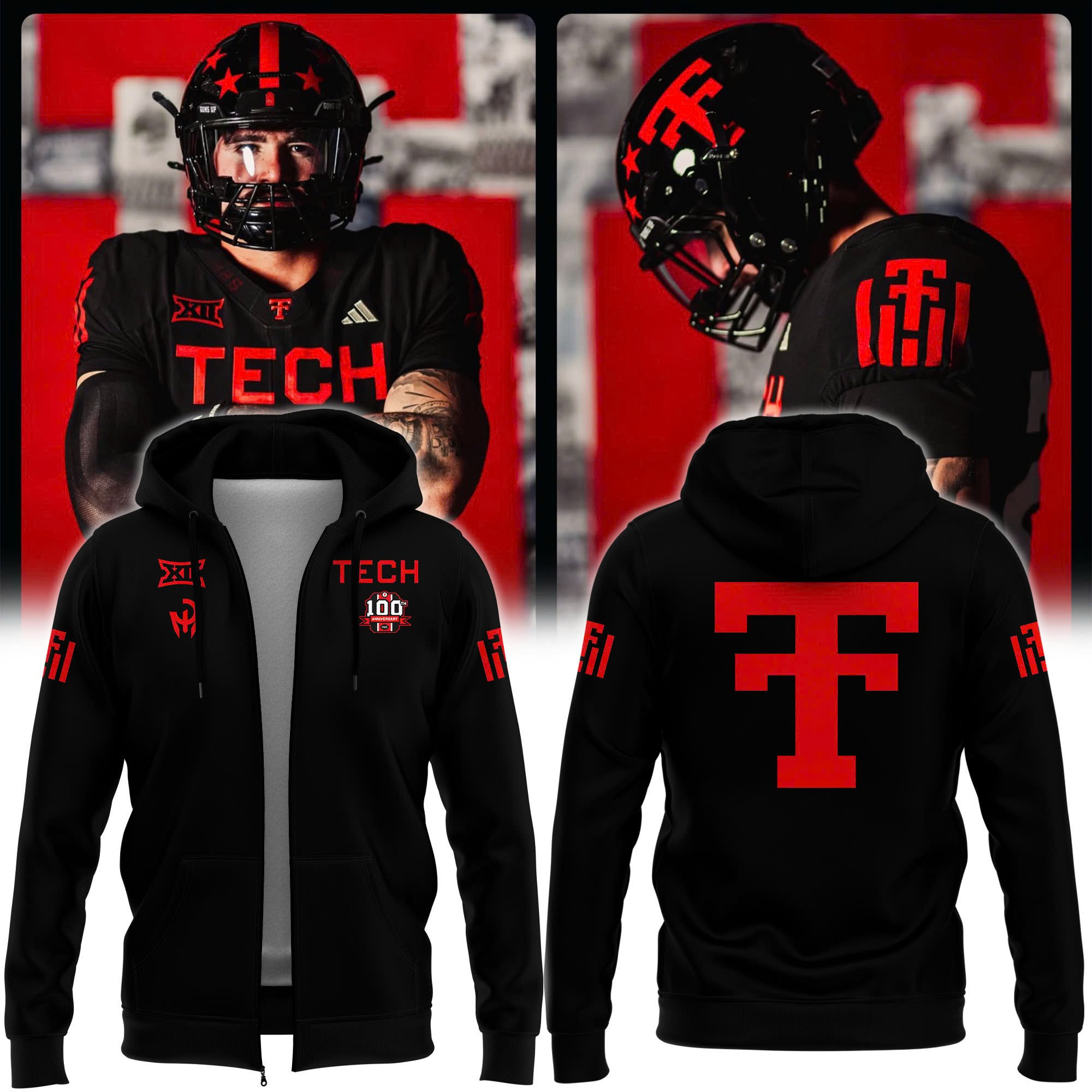 Texas Tech Red Raiders 100Th Anniversary Throwback Zip Hoodie 2025 Black Uniforms Fan Merch-1