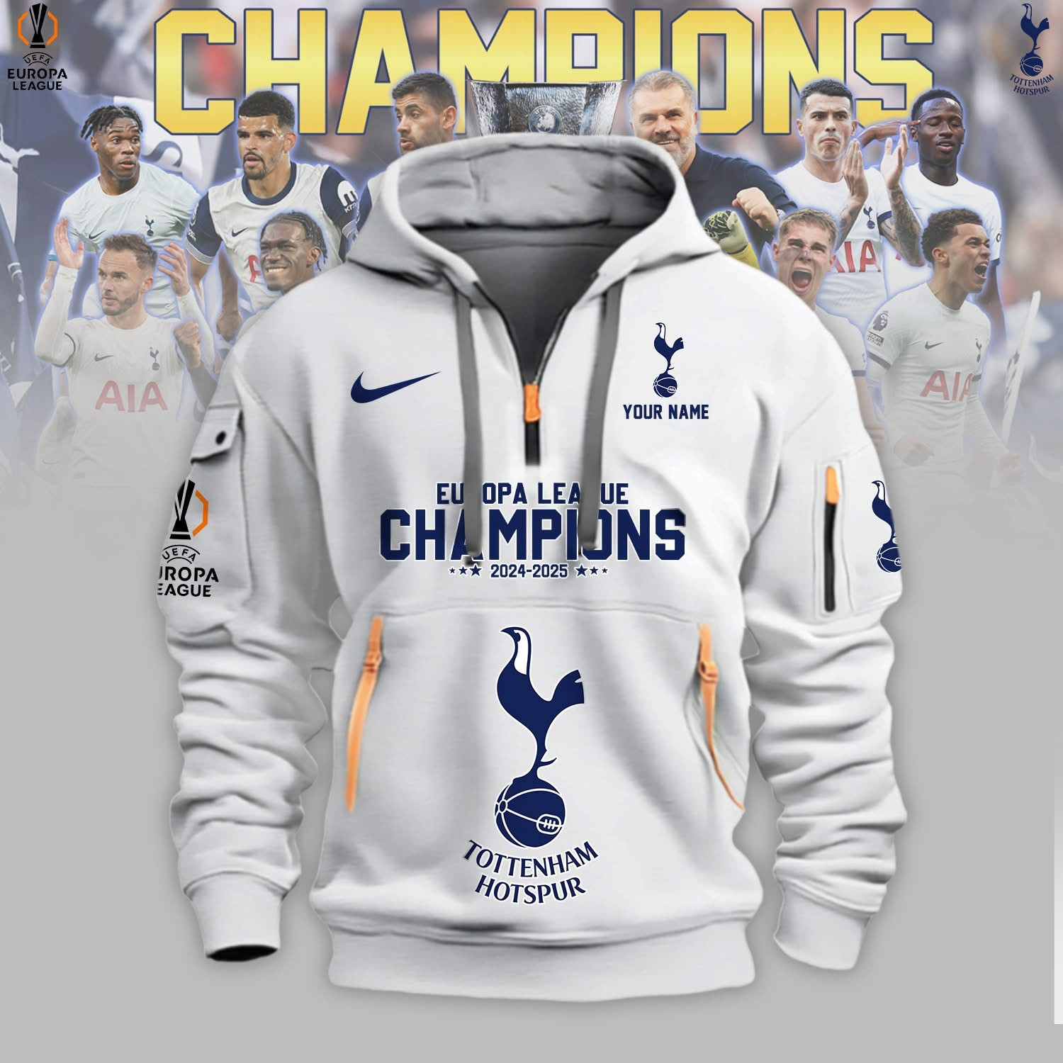 Tottenham Hotspur UEFA Europa League Champions 2025 Quarter Zip Hoodie Fan Merch Clothing-1