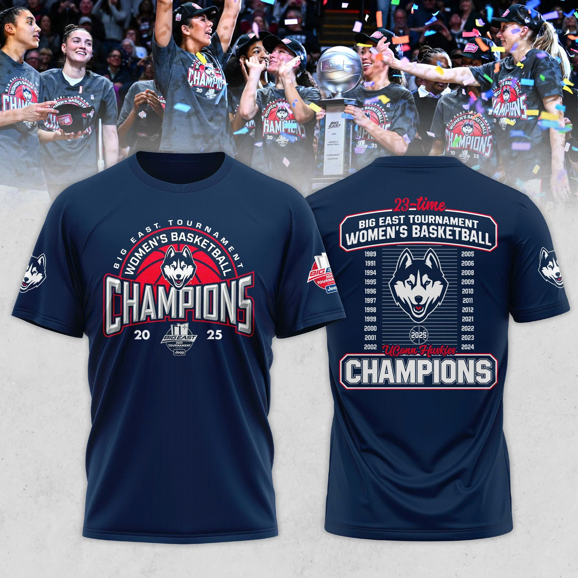UConn Huskies 2025 BIG EAST Women's Basketball Champions Shirt And Hat Merch For Fans-1