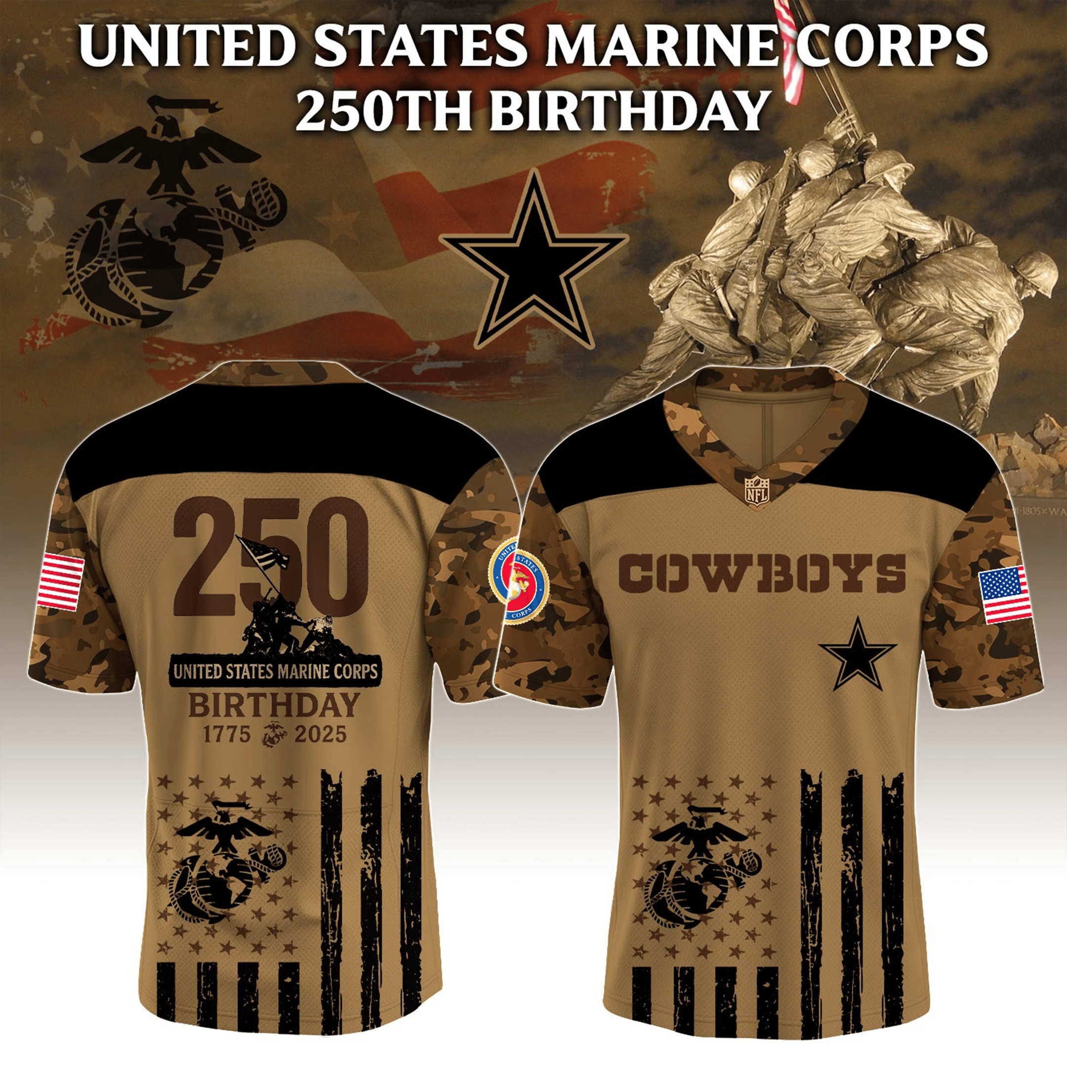 USMC X Dallas Cowboys Camo Jersey USMC 250Th Birthday Clothing NFL X Military Merch Gifts-1