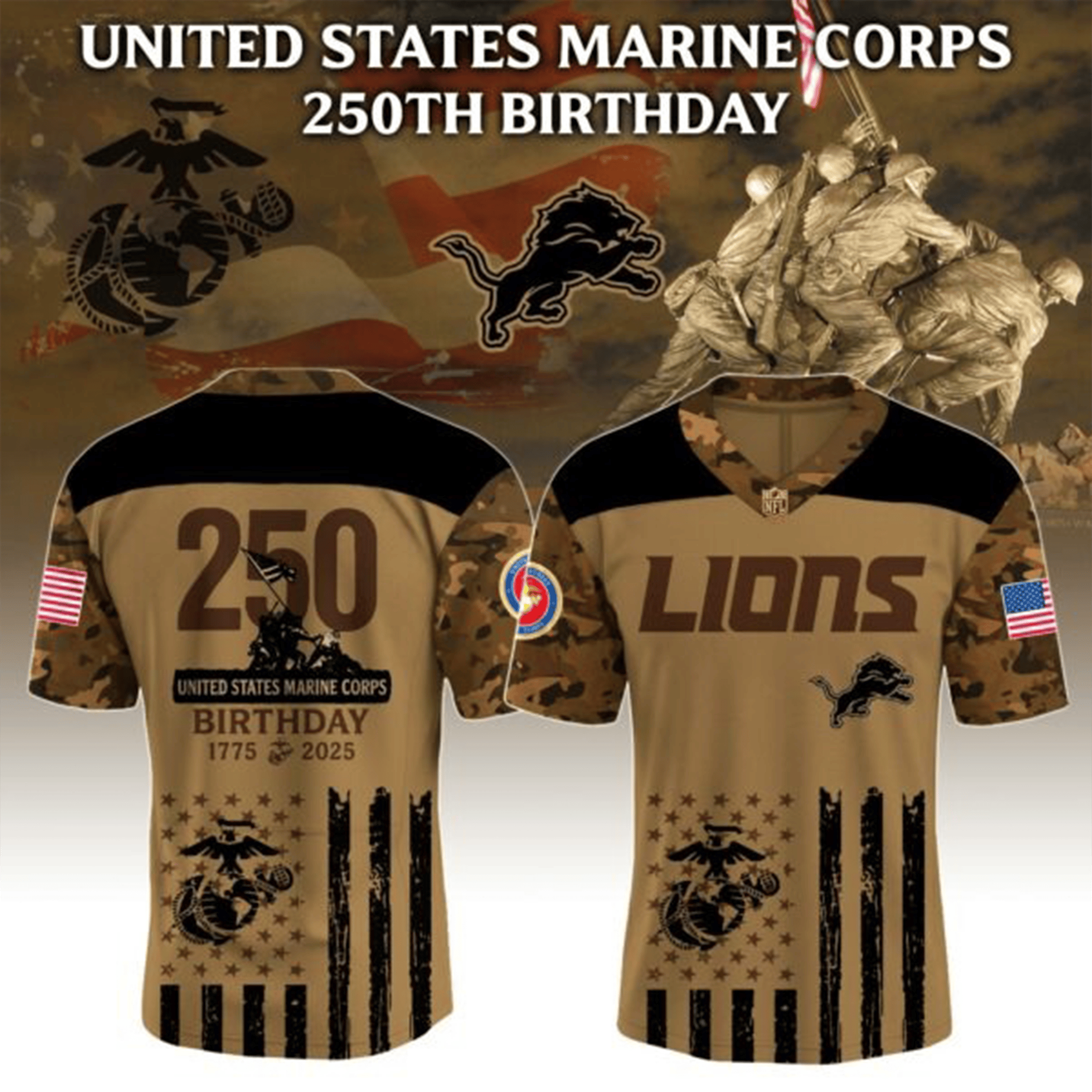 USMC X Detroit Lions Camo Jersey USMC 250Th Birthday Merch NFL X Military Clothing Gift-1