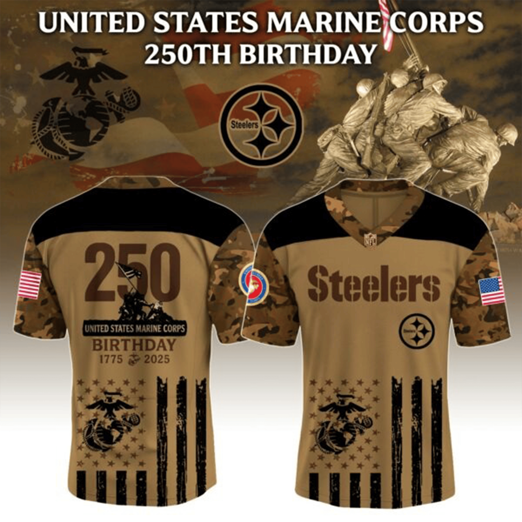 USMC X Pittsburgh Steelers Camo Jersey USMC 250Th Birthday Merch NFL X Military Apparel Gift-1