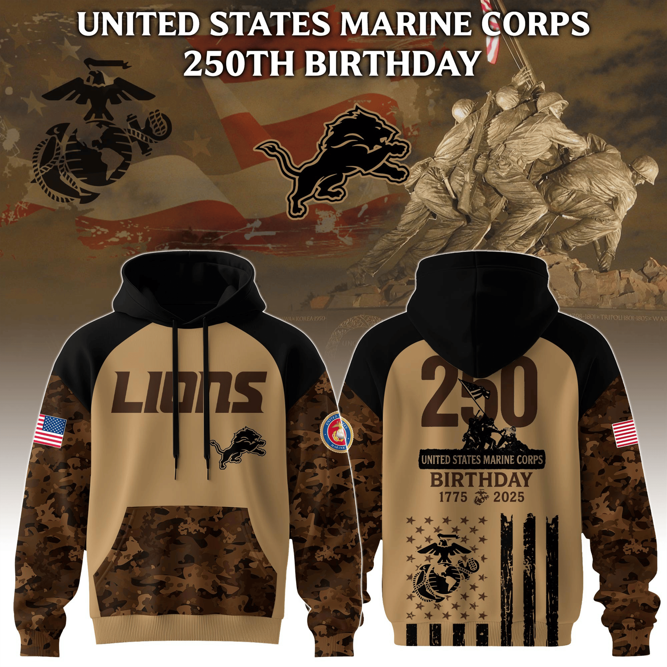 United States Marine Corps 250Th Anniversary Camo Hoodie Detroit Lions X USMC Hoodie Gifts-1