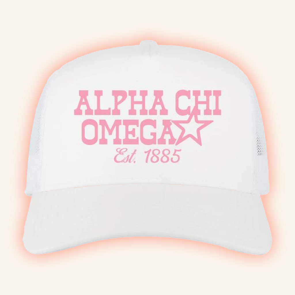 University Tees Merch Alpha Chi Omega Est 1885 Trucker Hat Gift Ideas For Her-1