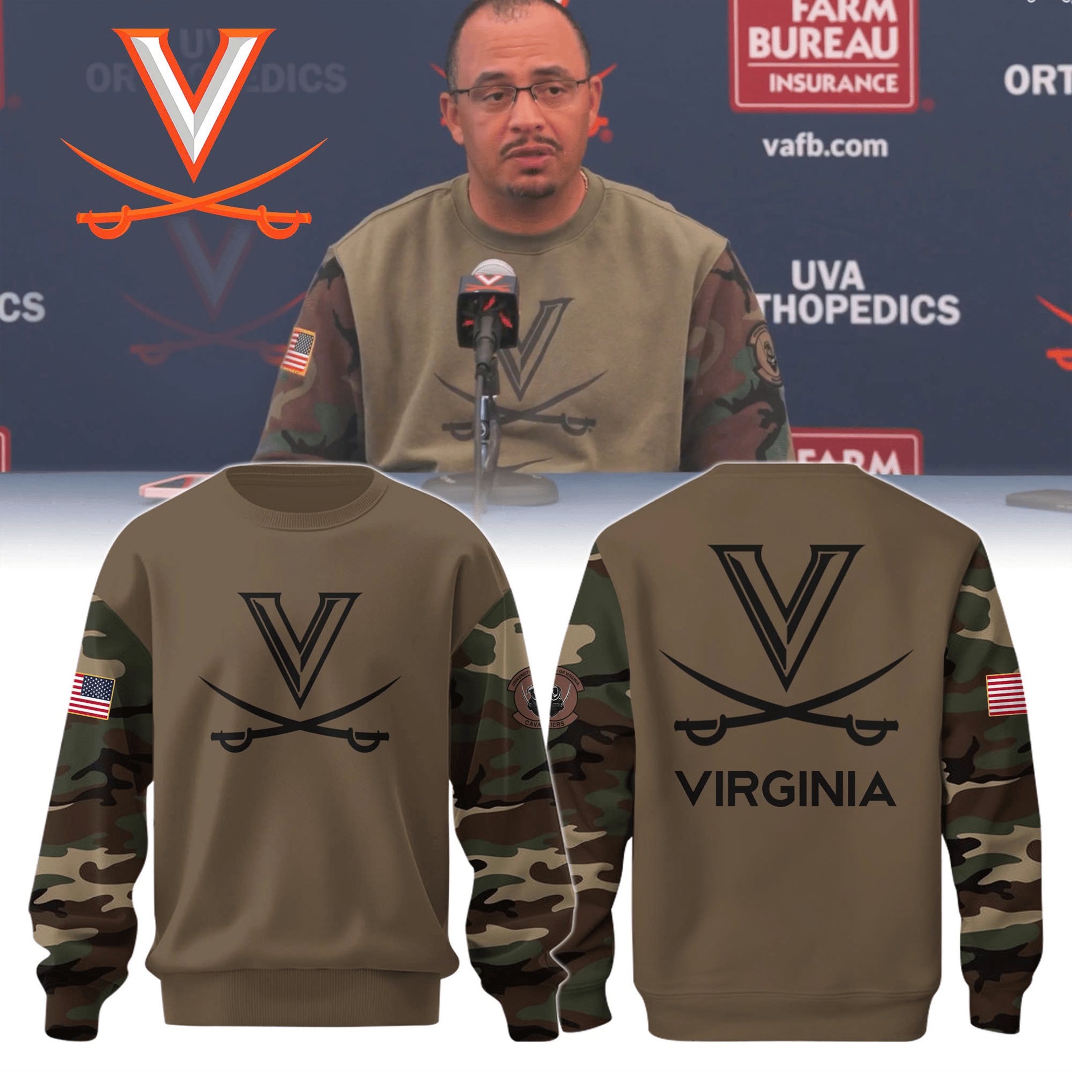 Virginia Cavaliers Football Camo Sweatshirt Cavaliers X Military Football Game Day Clothing-1