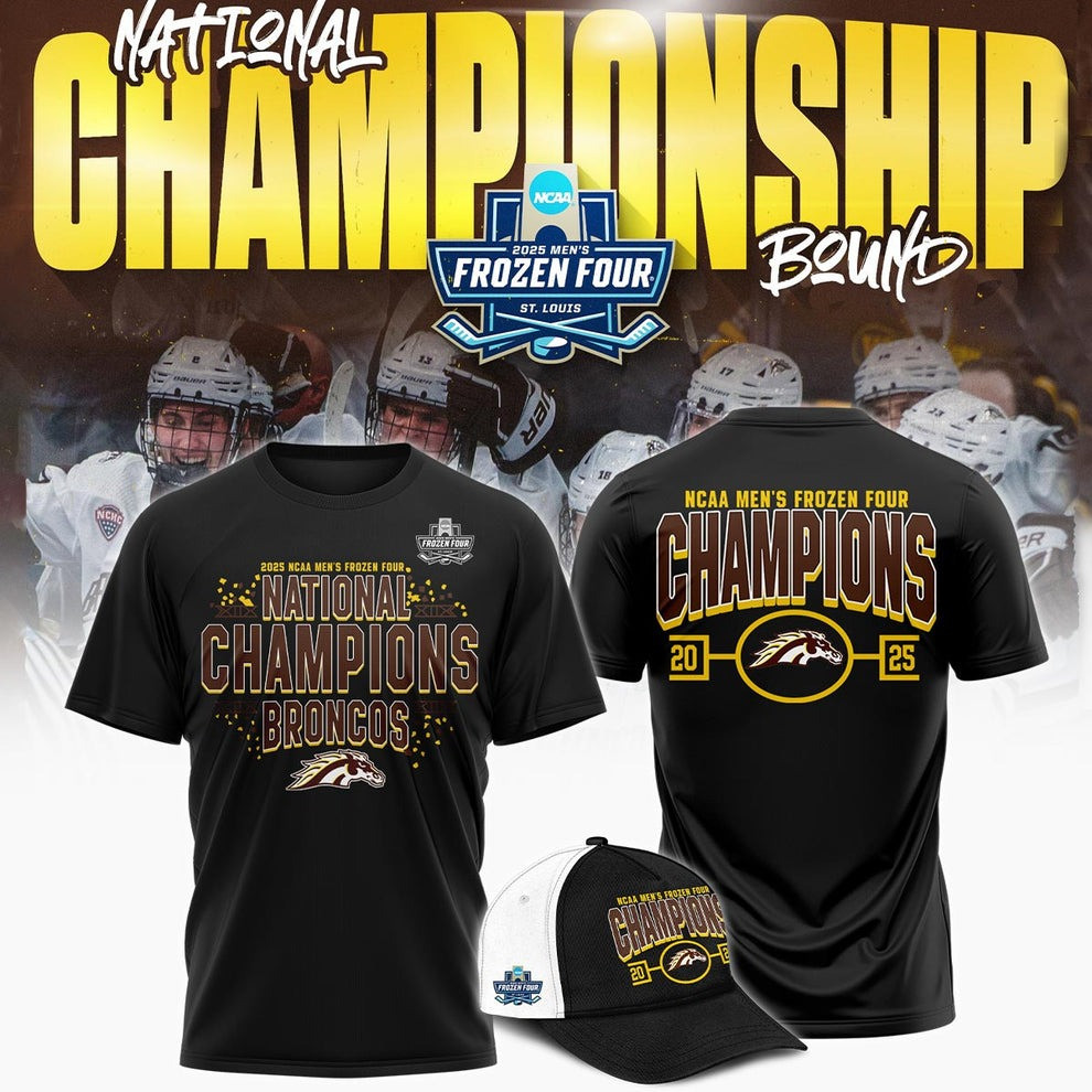 Western Michigan Broncos National Champions 2025 Gear Shirt And Hat Hockey Frozen Four-1