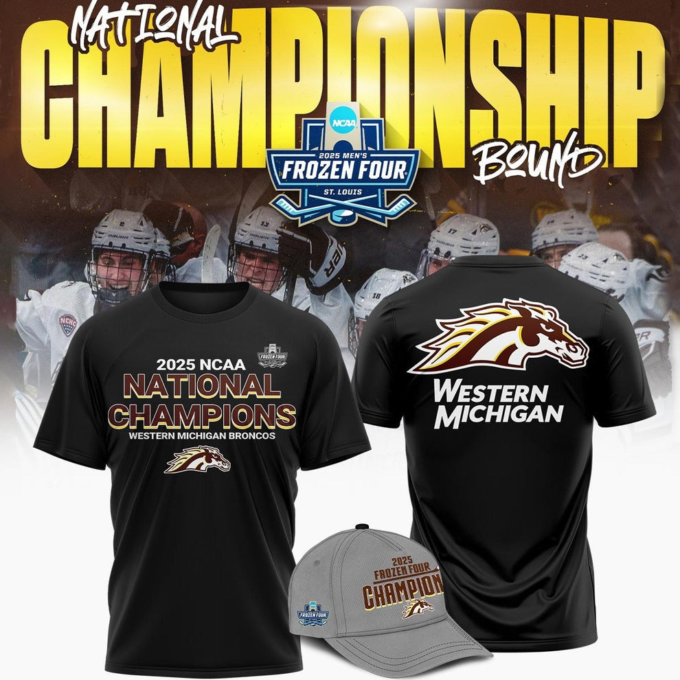 Western Michigan Broncos National Champions 2025 Shirt And Hat Hockey Frozen Four Fan Merch-1