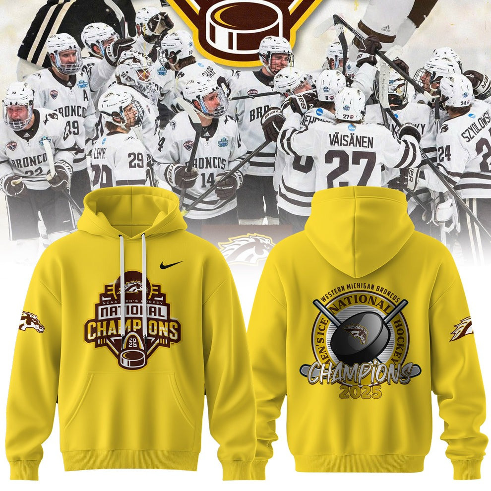 Western Michigan Broncos National Champions Hoodie 2025 Hockey Frozen Four Apparel For Sale-1