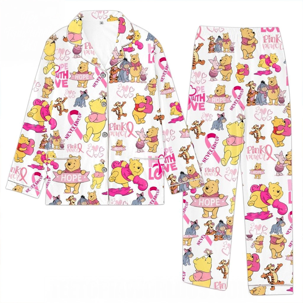 Winnie The Pooh Breast Cancer Awareness Pajamas Set Winnie The Pooh Merch Gifts For Wife-1