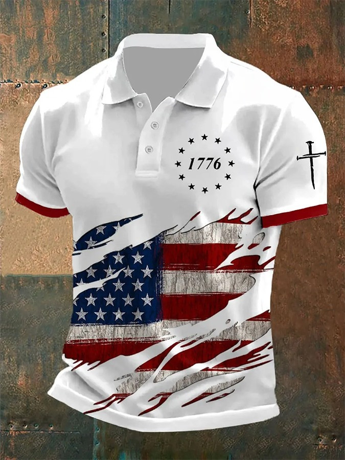 1776 Faith Cross Polo Shirt USA Flag Patriotic Apparel 4th Of July Gifts For Dad-1
