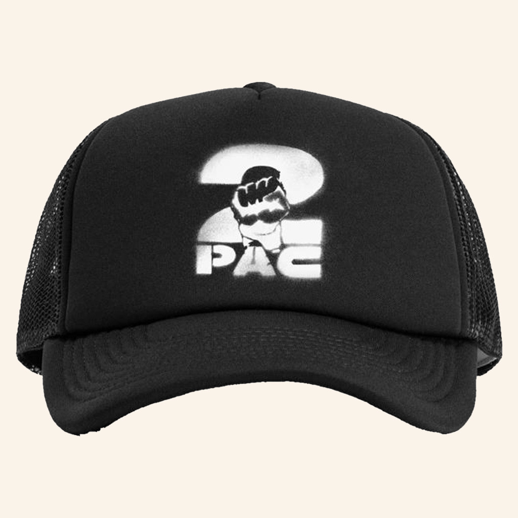 2Pac Merch Stencil 2Pac Logo Black Trucker Hat Rapper Gifts For Fans-1