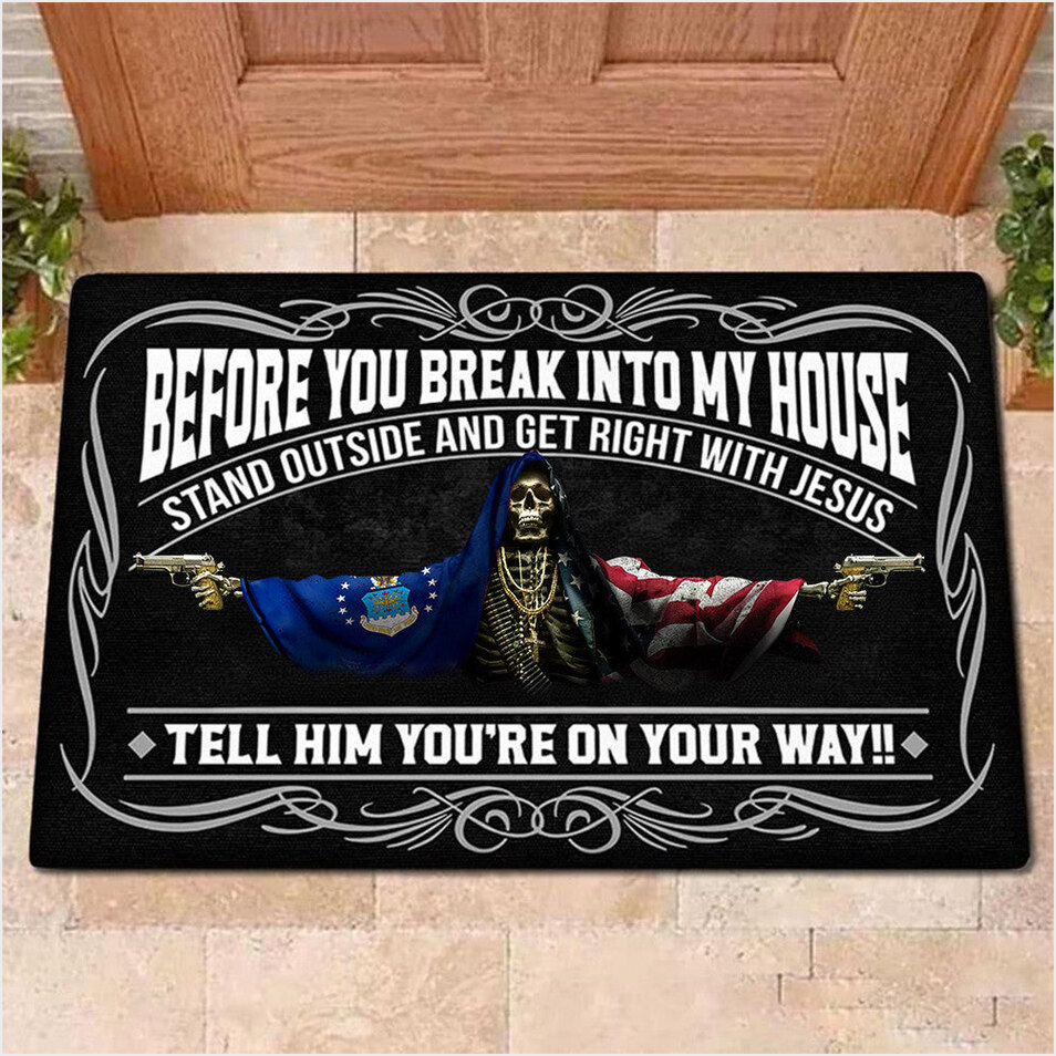 Air Force Flag And American Flag Skull With Gun Doormat Before You Break Into My House Doormat-1