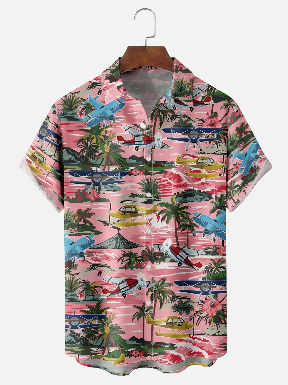 Airplane Island Coconut Tree Chest Pocket Hawaiian Shirt-1