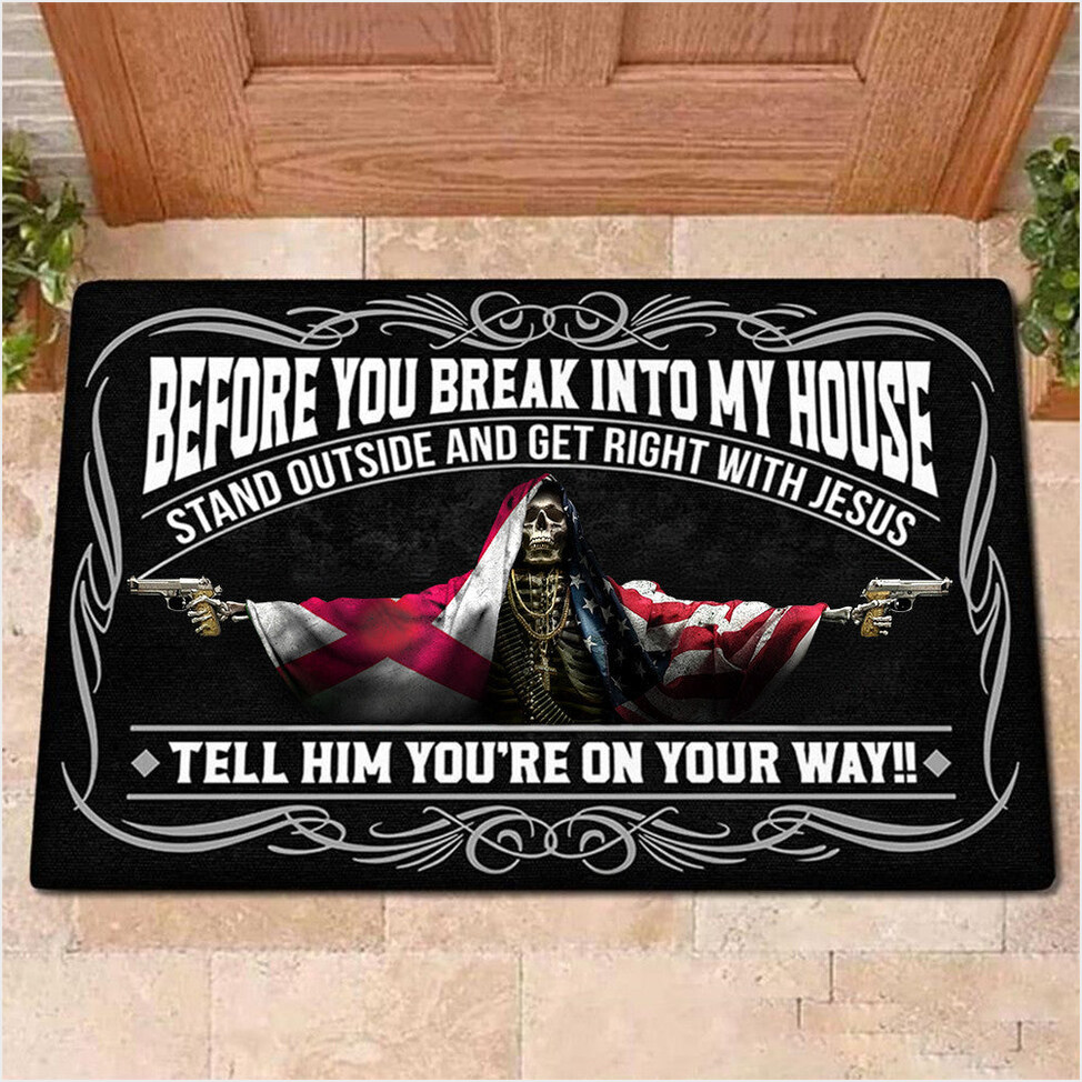 Alabama Flag And American Flag Skull With Gun Doormat Before You Break Into My House Doormat-1