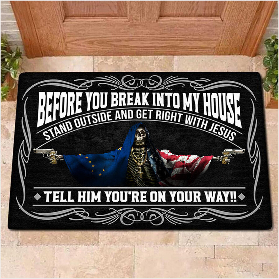 Alaska Flag And American Flag Skull With Gun Doormat Before You Break Into My House Doormat-1