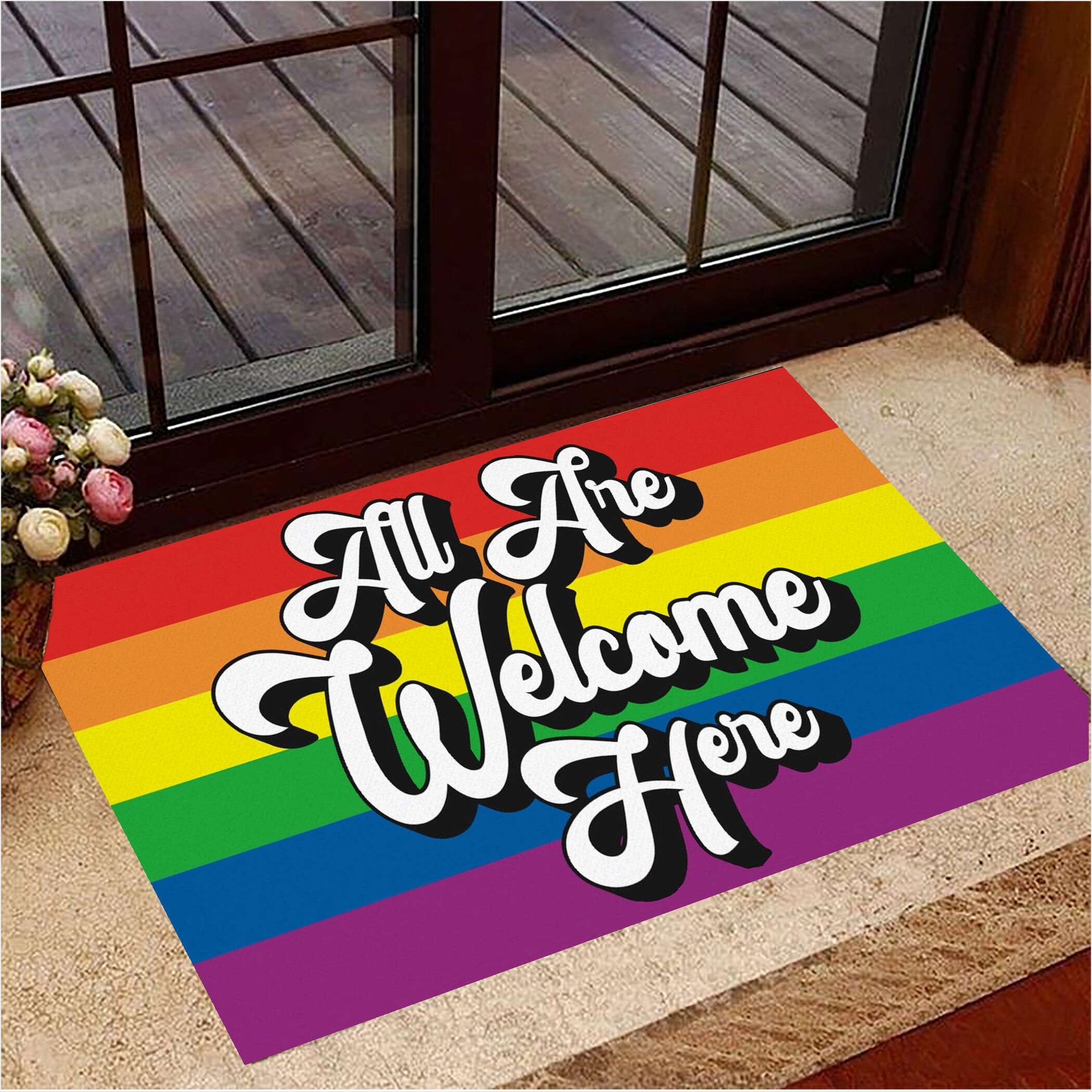 All Are Welcome Here Doormat LGBT Pride Merch Rainbow Merchandise Pride Month Gifts-1