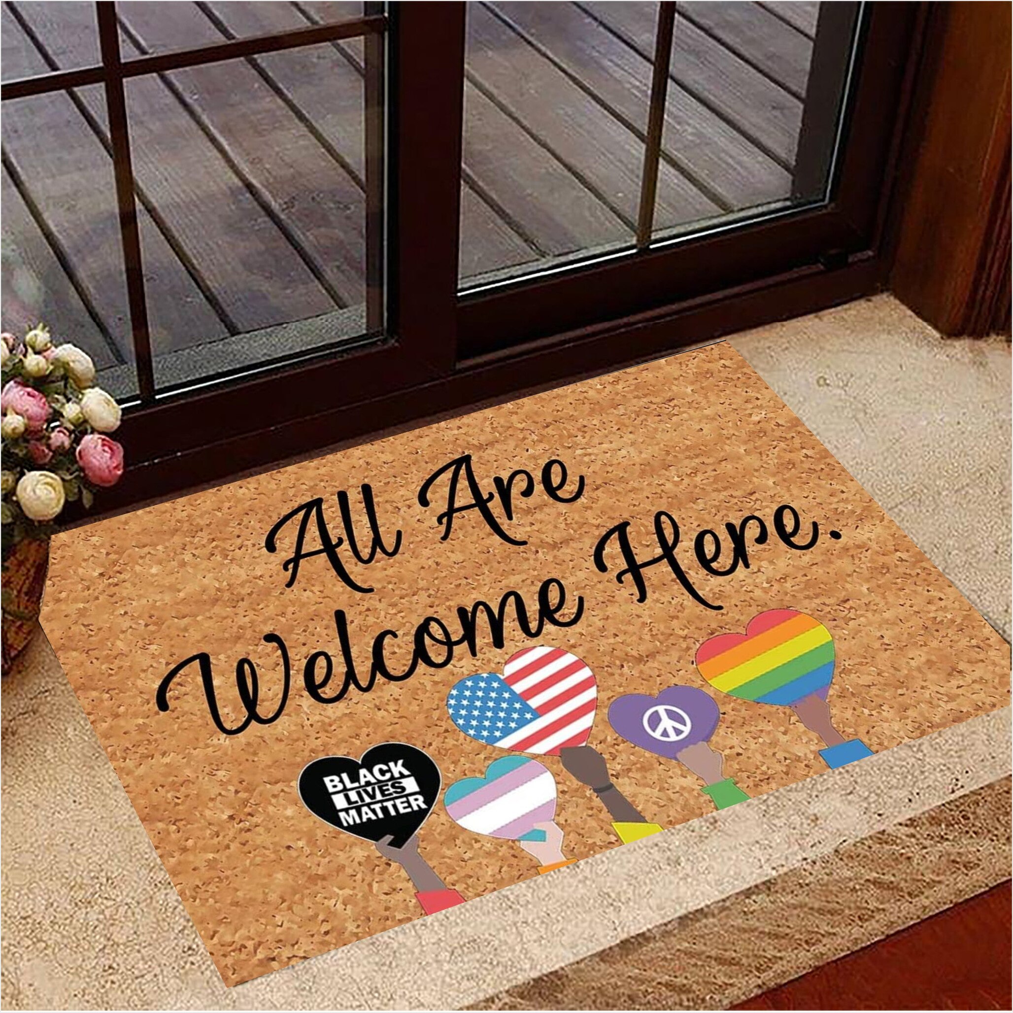 All Are Welcome Here Doormat Support LGBT No Racism Black Lives Matter Merch Gifts For Friends-1