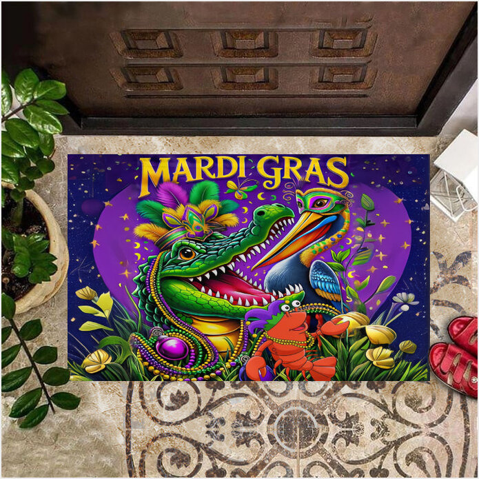 Alligator Crawfish And Pelican Mardi Gras Doormat Fat Tuesday Welcome Mat Mardi Gras Merch-1